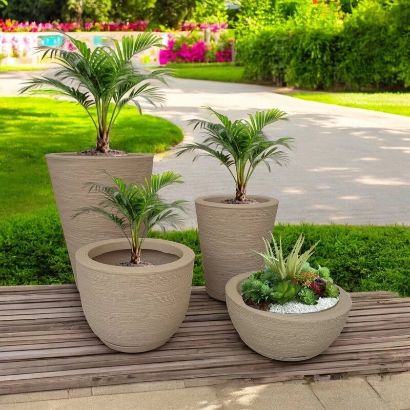 Kit 4 Vasos para Planta Flor Casa Jardim polietileno Texturizado Coluna Redonda N1 N2 + Bojo N1 + Bacia N1prato coletor