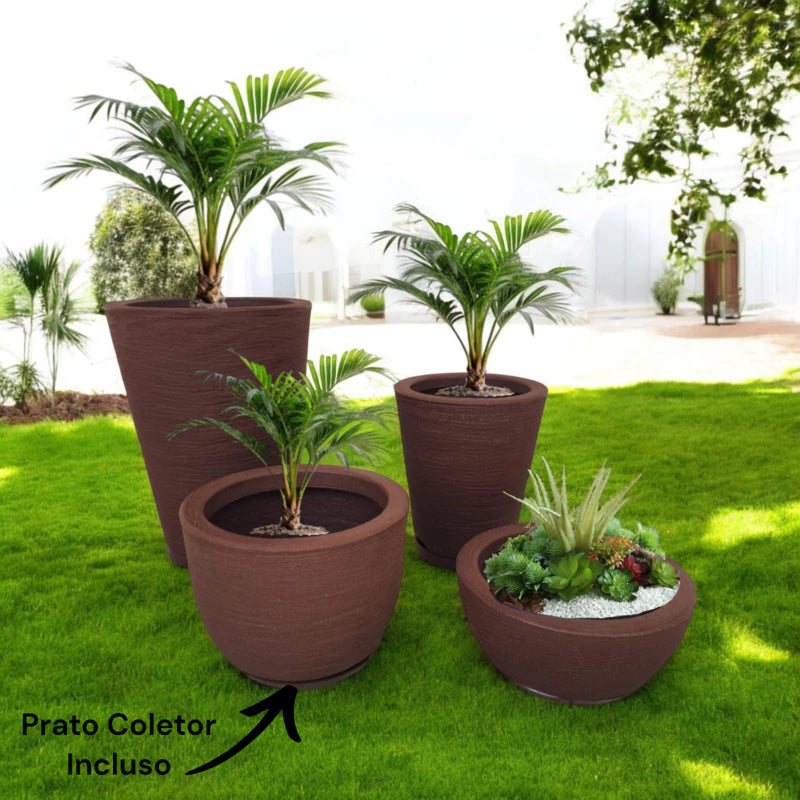 Kit 4 Vasos para Planta Flor Casa Jardim polietileno Texturizado Coluna Redonda N1 N2 + Bojo N1 + Bacia N1prato coletor