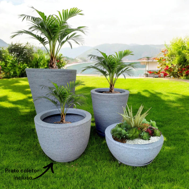 Kit 4 Vasos para Planta Flor Casa Jardim polietileno Texturizado Coluna Redonda N1 N2 + Bojo N1 + Bacia N1prato coletor