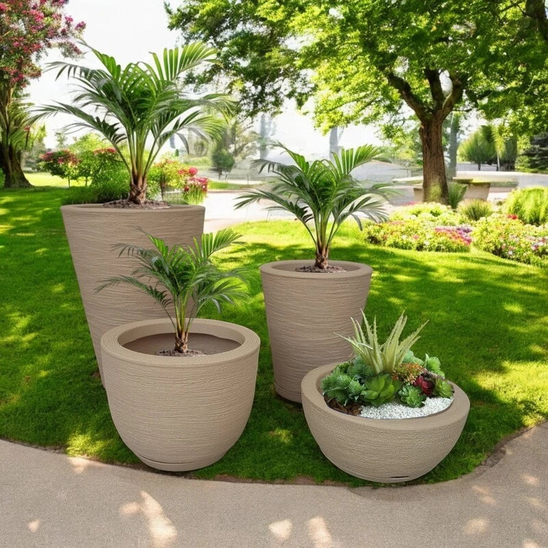 Kit 4 Vasos para Planta Flor Casa Jardim polietileno Texturizado Coluna Redonda N1 N2 + Bojo N1 + Bacia N1prato coletor