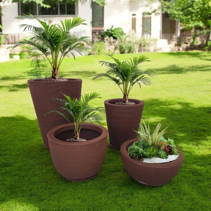 Kit 4 Vasos para Planta Flor Casa Jardim polietileno Texturizado Coluna Redonda N1 N2 + Bojo N1 + Bacia N1prato coletor