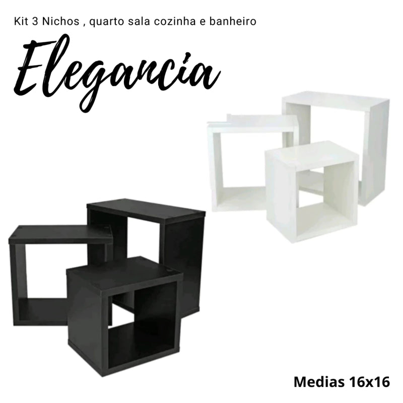 Kit 3 Nichos Quadrado Preto ou Branco 16 Decoração Sala Quarto Cozinha MDF 16x16cm Envio Imediato