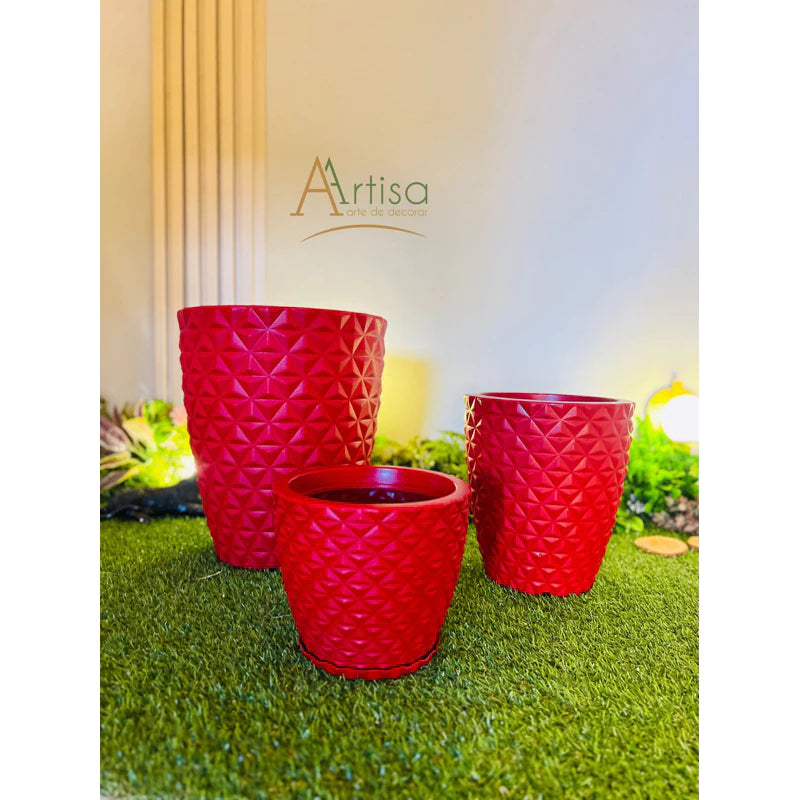 kit com 3 Vasos para plantas em Polietileno redondo diamante PP, P e M com pratos coletores