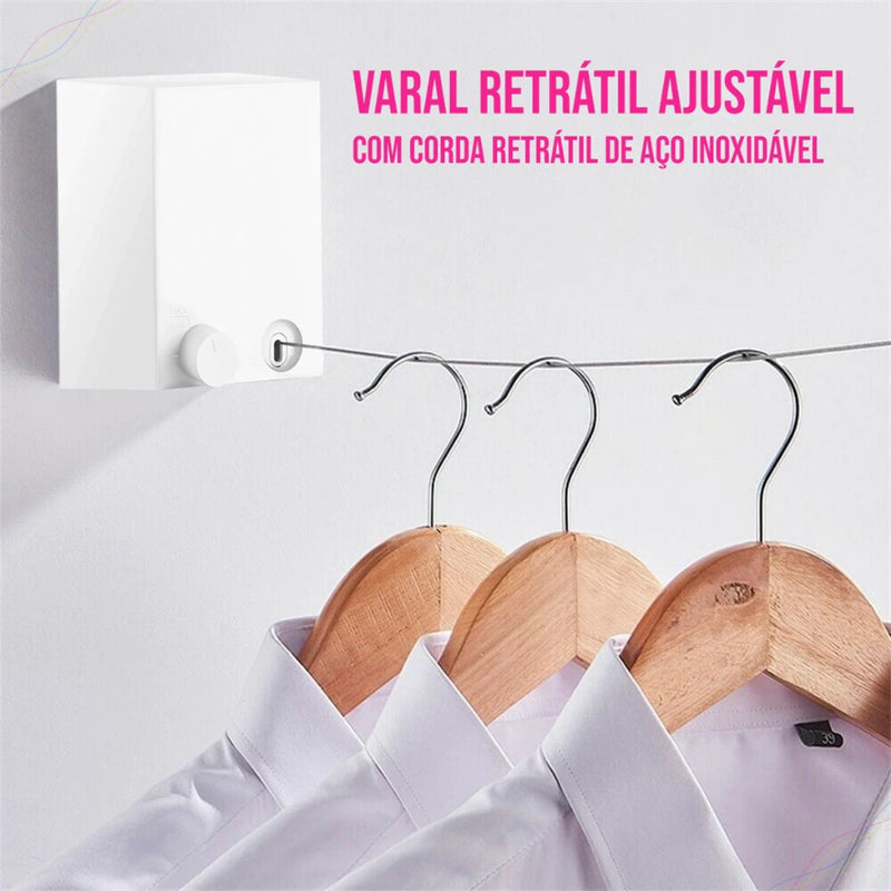Varal De Parede Retrátil Fio Aço Inoxidável Suporta Até 20kg