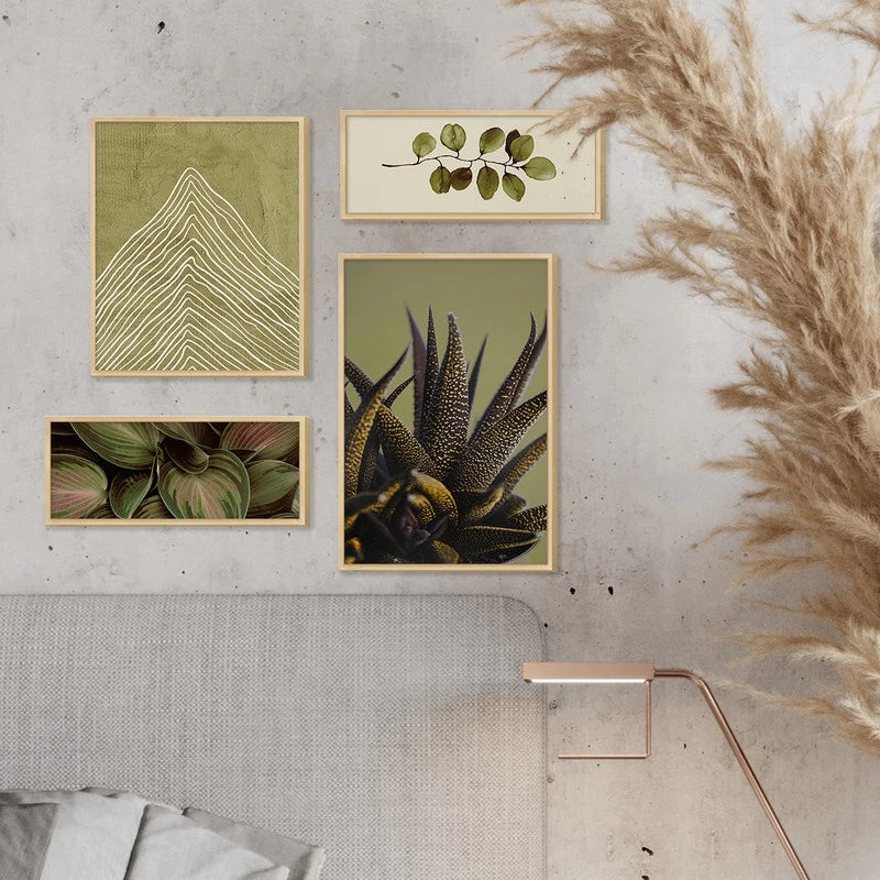 Kit 4 Quadros Verde Folhagens Abstrato Boho Linhas Decorativo