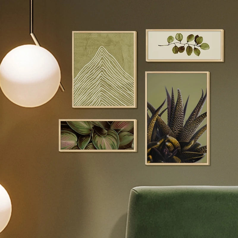 Kit 4 Quadros Verde Folhagens Abstrato Boho Linhas Decorativo