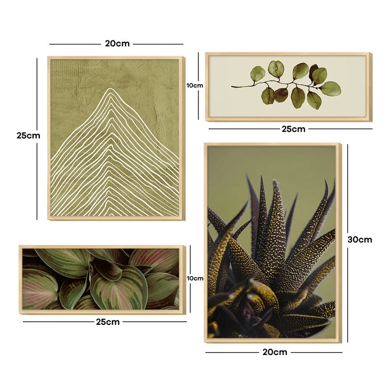 Kit 4 Quadros Verde Folhagens Abstrato Boho Linhas Decorativo