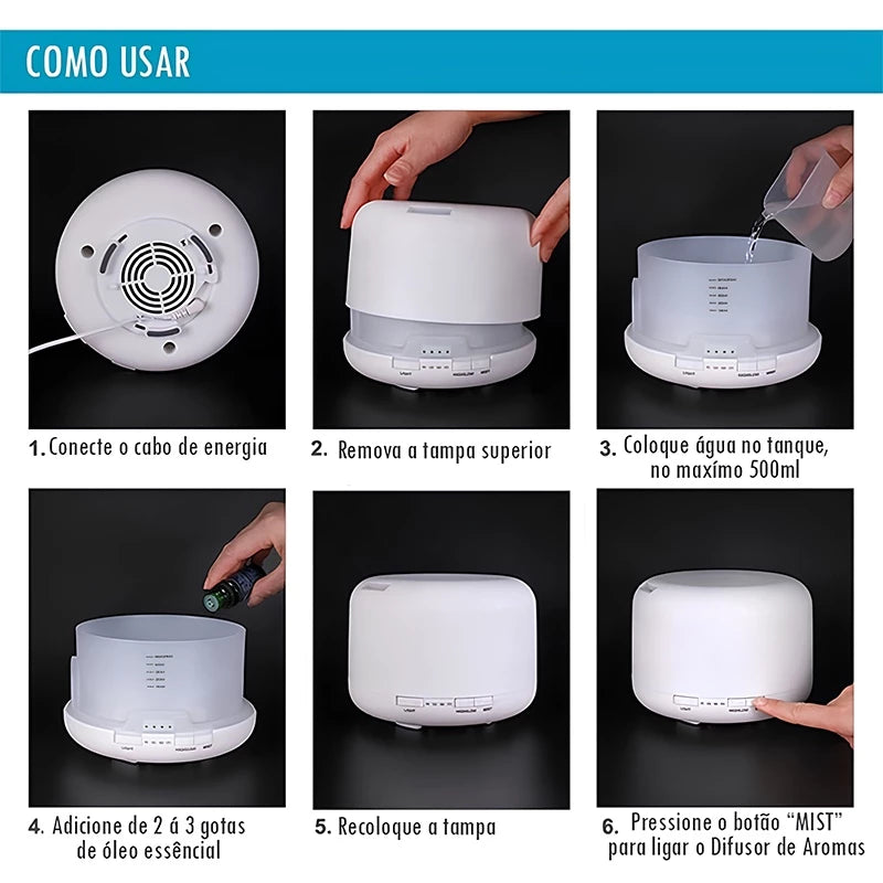 500ML Umidificador Difusor Aromatizador Luz LED De 7 Cores Com Controle Remoto