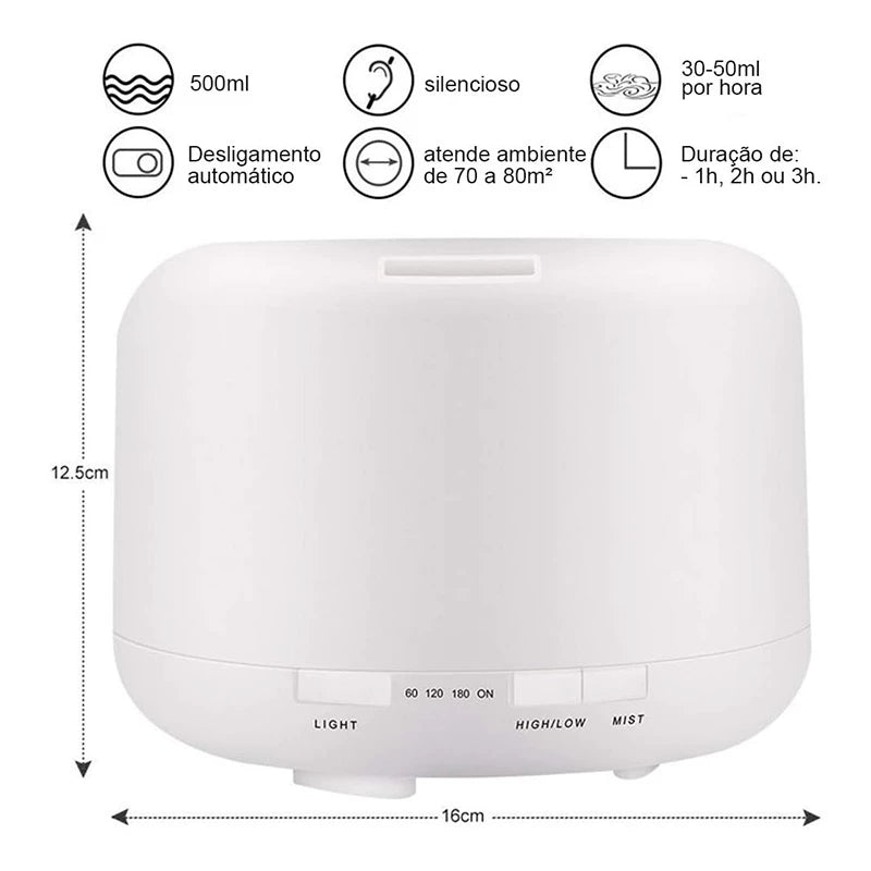 500ML Umidificador Difusor Aromatizador Luz LED De 7 Cores Com Controle Remoto