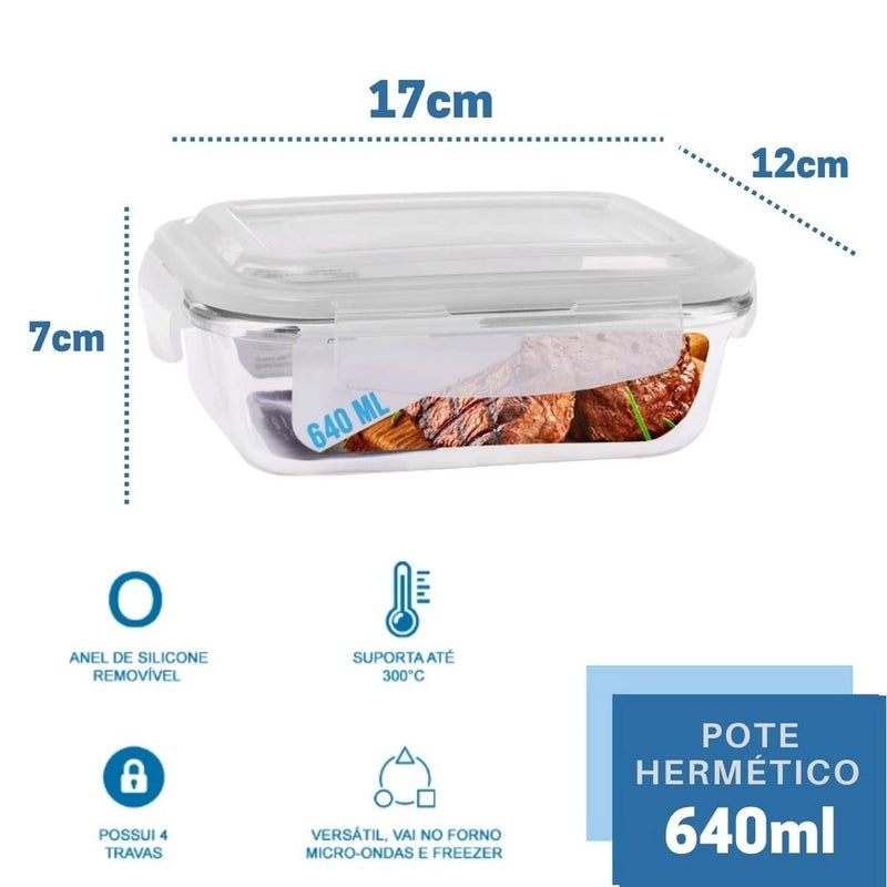 Conjunto 10 Potes 640ml Vidro Hermético 4 Travas Marmita