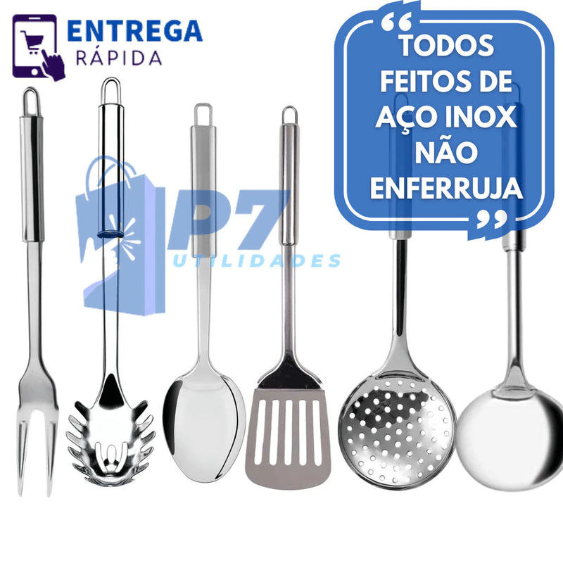 Kit 6 Utensílios de Cozinha em Aço Inox Escumadeira Concha Colher Arroz Pegador Massa Garfo Trinchante Espátula Vazada