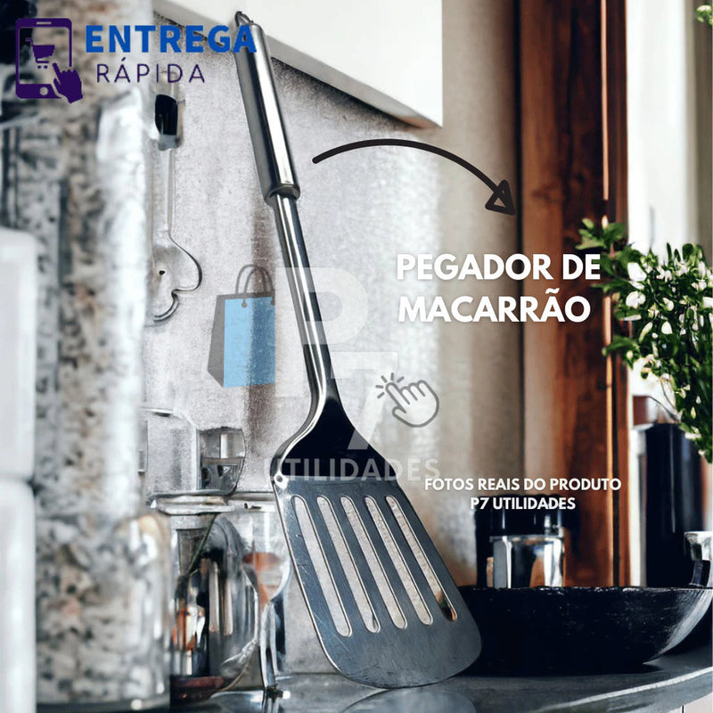 Kit 6 Utensílios de Cozinha em Aço Inox Escumadeira Concha Colher Arroz Pegador Massa Garfo Trinchante Espátula Vazada