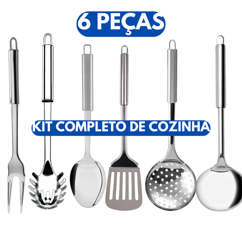Kit 6 Utensílios de Cozinha em Aço Inox Escumadeira Concha Colher Arroz Pegador Massa Garfo Trinchante Espátula Vazada