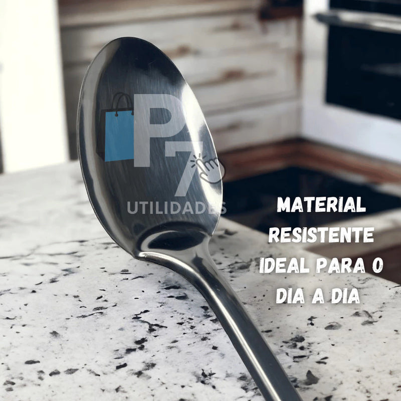 Kit 6 Utensílios de Cozinha em Aço Inox Escumadeira Concha Colher Arroz Pegador Massa Garfo Trinchante Espátula Vazada