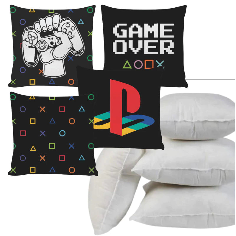 Kit 4 Almofadas Cheias Decorativas Enchimento de Silicone 45x45cm Game Over