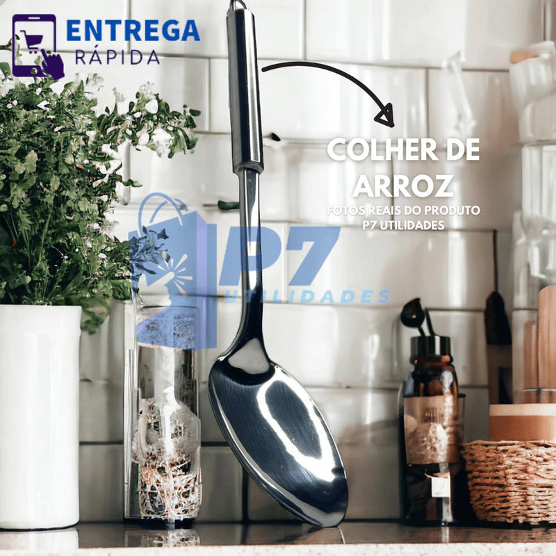 Kit 6 Utensílios de Cozinha em Aço Inox Escumadeira Concha Colher Arroz Pegador Massa Garfo Trinchante Espátula Vazada