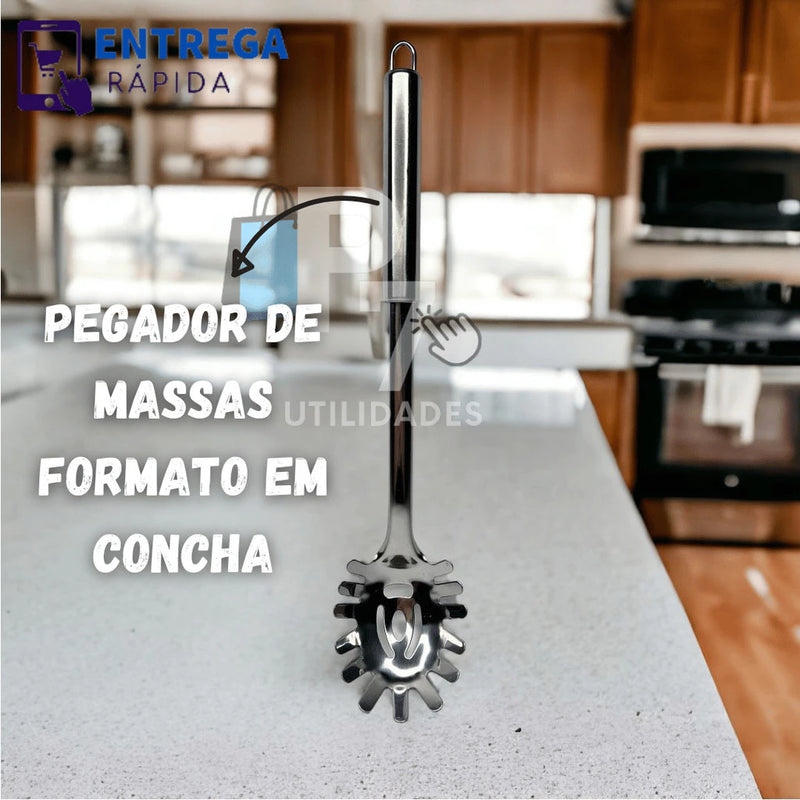 Kit 6 Utensílios de Cozinha em Aço Inox Escumadeira Concha Colher Arroz Pegador Massa Garfo Trinchante Espátula Vazada