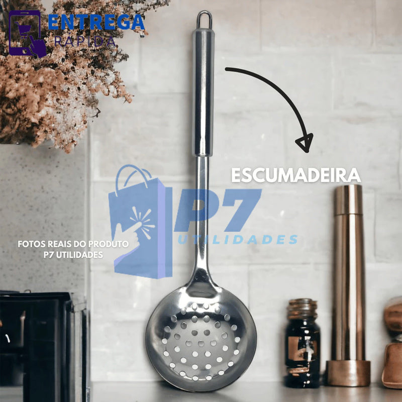 Kit 6 Utensílios de Cozinha em Aço Inox Escumadeira Concha Colher Arroz Pegador Massa Garfo Trinchante Espátula Vazada