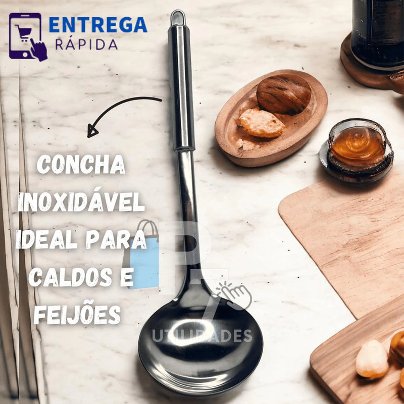 Kit 6 Utensílios de Cozinha em Aço Inox Escumadeira Concha Colher Arroz Pegador Massa Garfo Trinchante Espátula Vazada